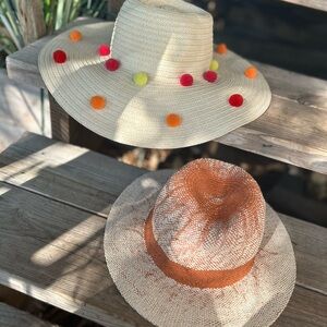 BCBGeneration Beige Wide-Brim Hat w/ pom-poms and beige and burnt orange sun hat